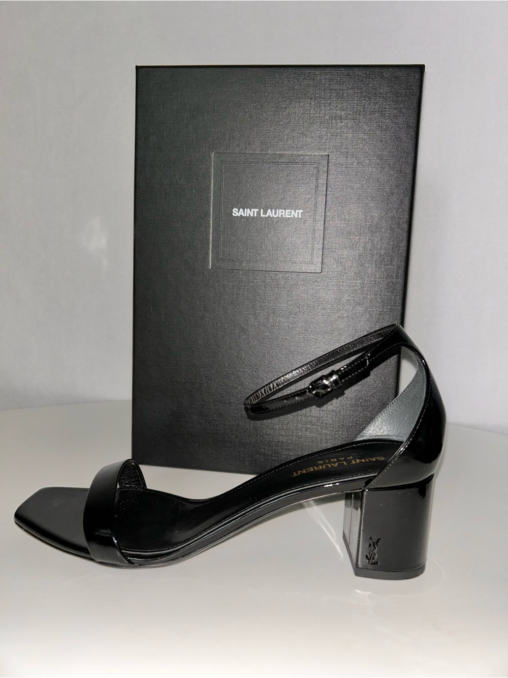 Yves Saint Laurent Black Patent Leather Ankle-Strap Block Heels Size 10